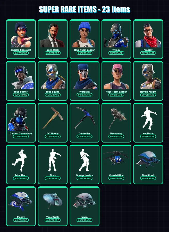 [PC/XBOX/PSN] | Sparkle Specialist | John Wick | Blue Team Leader | Trilogy | Prodigy | 103 skin | 81 pickaxe | 81 emote | 87 glider | Lv1080