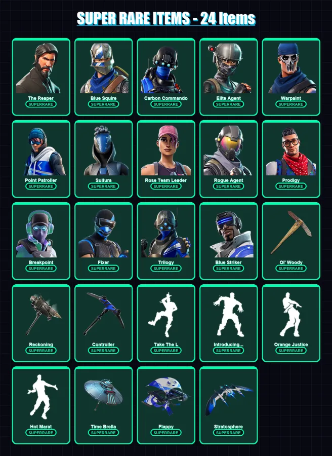 [PC] | The Reaper | Blue Squire | Carbon Commando | Elite Agent | Warpaint | 118 skin | 112 pickaxe | 120 emote | 105 glider | Lv1547