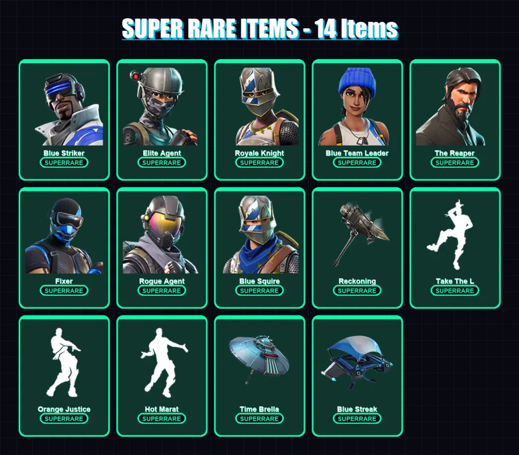 [PC/XBOX/PSN] | Blue Striker | Elite Agent | Royale Knight | Blue Team Leader | The Reaper | 101 skin | 143 pickaxe | 104 emote | 128 glider | Lv224