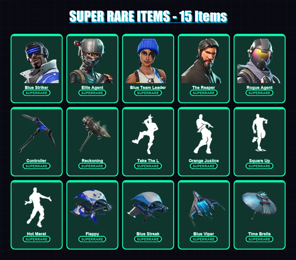 [PS4/PS5/XBOX/PC] | Blue Striker | Elite Agent | Blue Team Leader | The Reaper | Rogue Agent | 80 skin | 106 pickaxe | 90 emote | 116 glider | Lv136