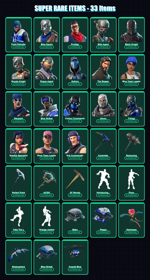 [SWITCH/XBOX/PC] | Point Patroller | Blue Squire | Prodigy | Elite Agent | Black Knight | 71 skin | 95 pickaxe | 83 emote | 87 glider | Lv969