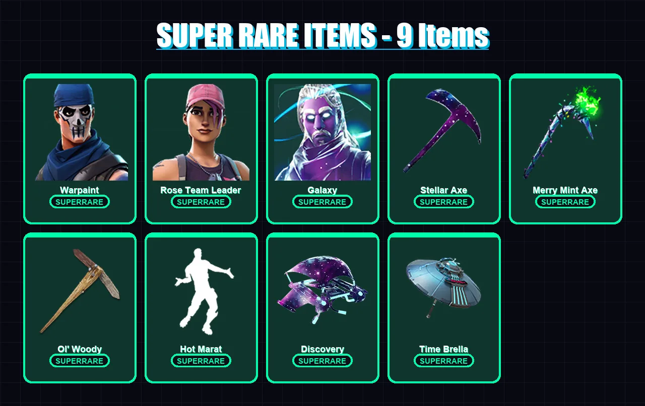 [PC/XBOX] | Warpaint | Rose Team Leader | Galaxy | The Ice King | Hybrid | 70 skin | 87 pickaxe | 95 emote | 94 glider | Lv1157