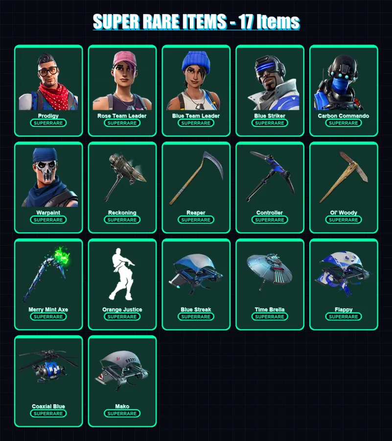 [PS4/PS5/PC] | Prodigy | Rose Team Leader | Blue Team Leader | Blue Striker | Carbon Commando | 40 skin | 31 pickaxe | 33 emote | 39 glider | Lv432