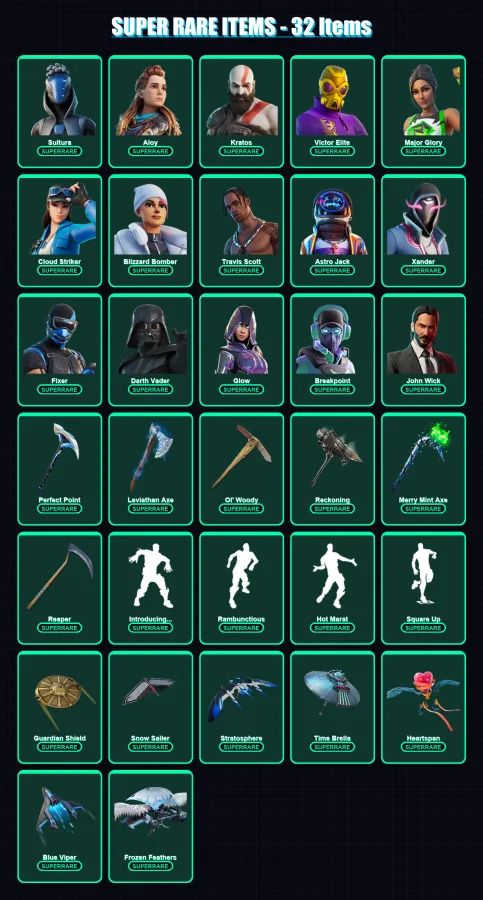 [PS4/PS5/PC] | Sultura | Aloy | Kratos | Victor Elite | Major Glory | 1081 skin | 859 pickaxe | 997 emote | 419 glider | Lv5800