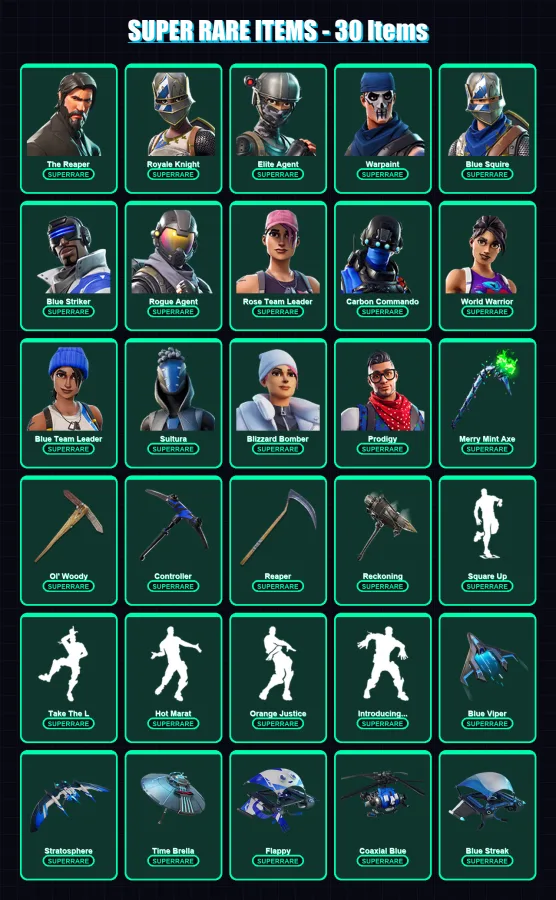 [PS4/PS5/XBOX/PC] | The Reaper | Royale Knight | Elite Agent | Warpaint | Blue Squire | 153 skin | 113 pickaxe | 161 emote | 104 glider | Lv1146