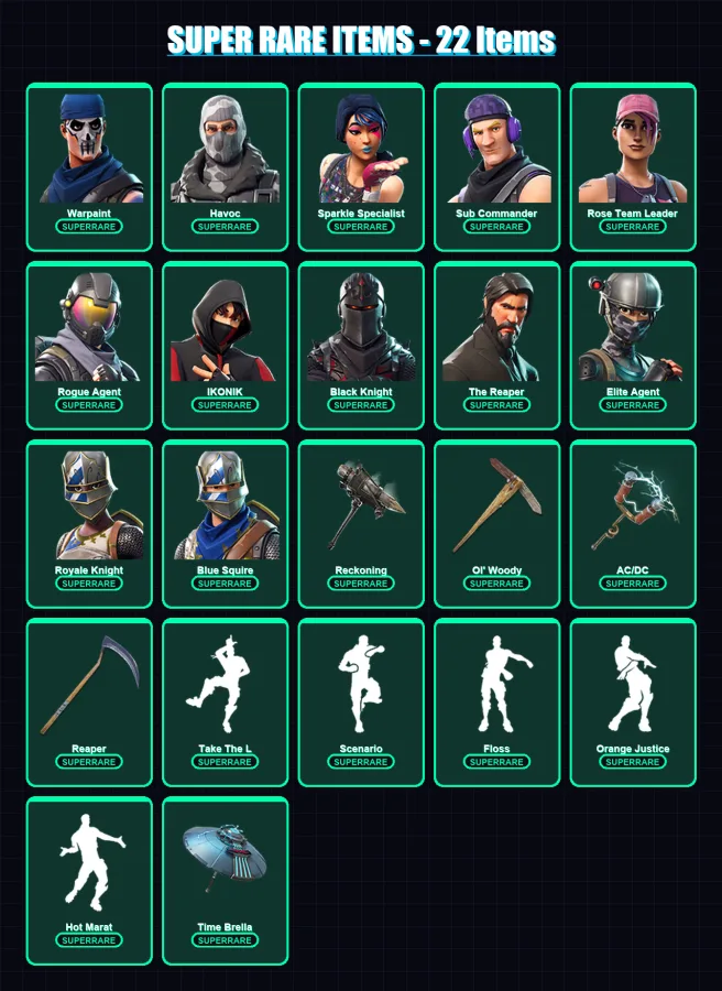 [PC/PSN] | Warpaint | Havoc | Sparkle Specialist | Sub Commander | Rose Team Leader | 109 skin | 131 pickaxe | 90 emote | 116 glider | Lv1691