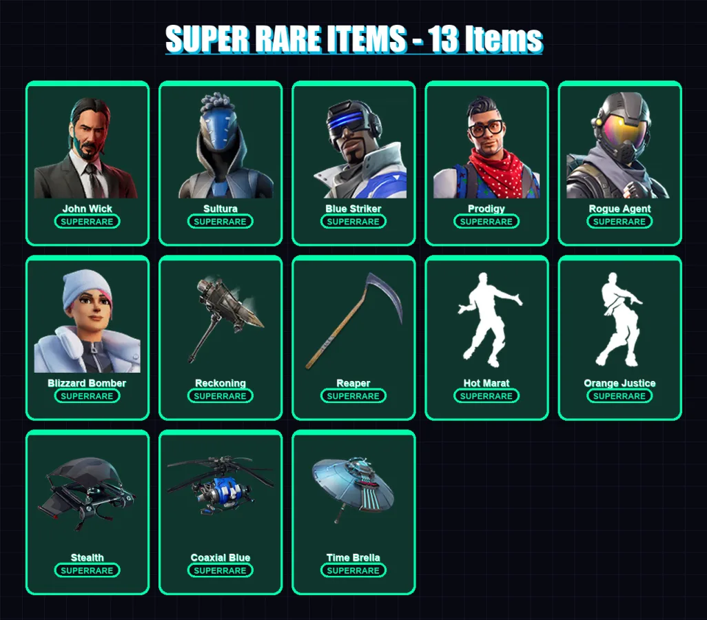 [PS4/PS5/XBOX/PC] | John Wick | Sultura | Blue Striker | Prodigy | Rogue Agent | 126 skin | 105 pickaxe | 101 emote | 94 glider | Lv1341