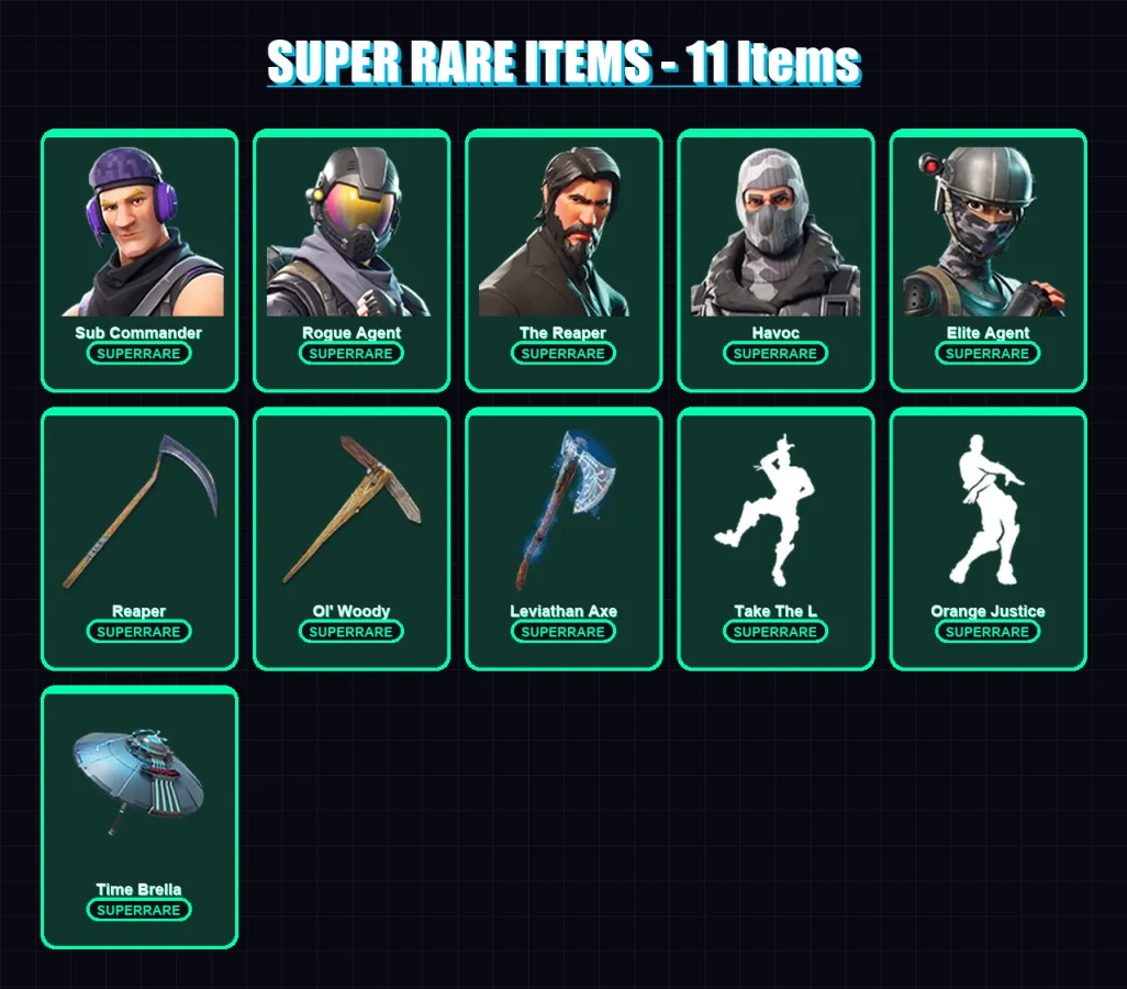 [PC] | Sub Commander | Rogue Agent | The Reaper | Havoc | Elite Agent | 137 skin | 178 pickaxe | 114 emote | 143 glider | Lv2204
