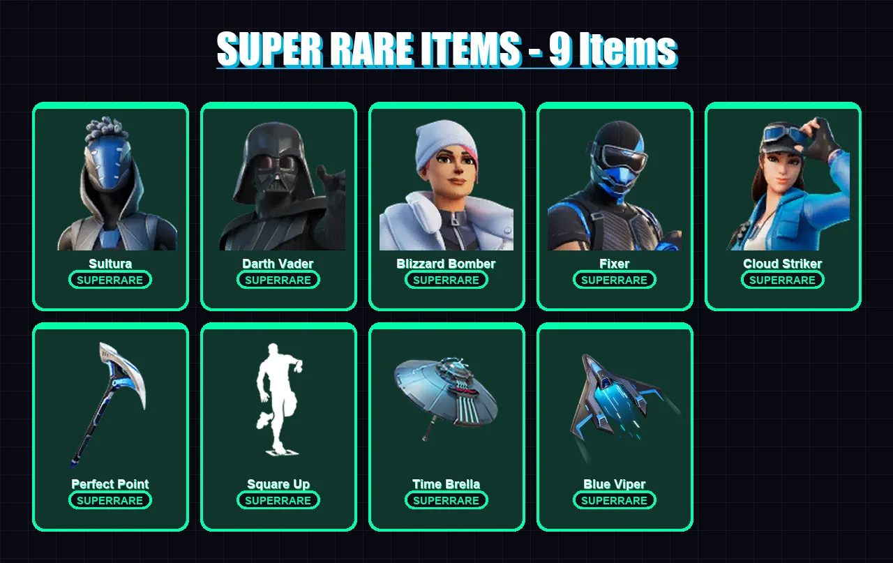 [PS4/PS5/XBOX/PC] | Sultura | Darth Vader | Blizzard Bomber | Fixer | Cloud Striker | 160 skin | 194 pickaxe | 126 emote | 164 glider | Lv2385