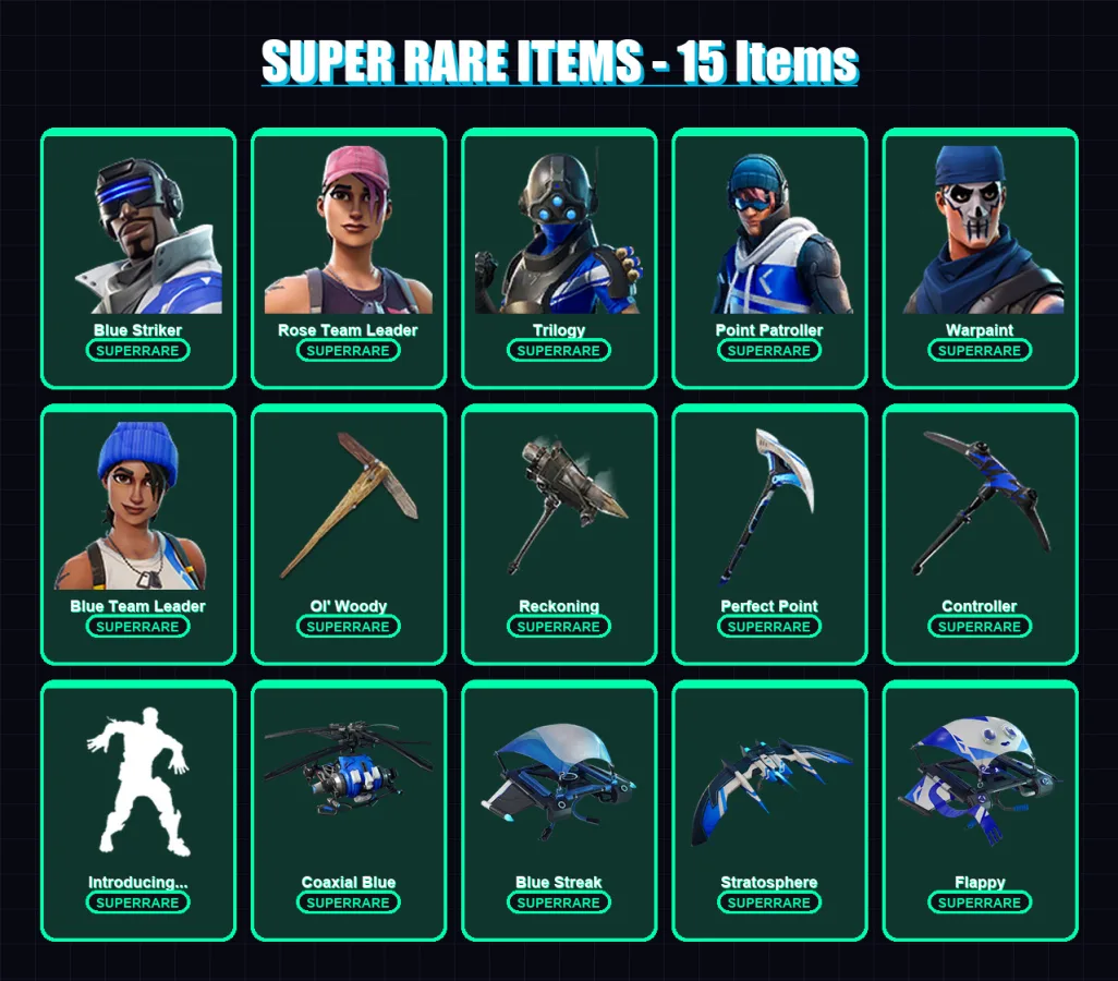 [PS4/PS5/XBOX/PC] | Blue Striker | Rose Team Leader | Trilogy | Point Patroller | Warpaint | 27 skin | 17 pickaxe | 23 emote | 32 glider | Lv260 — Fortnite account