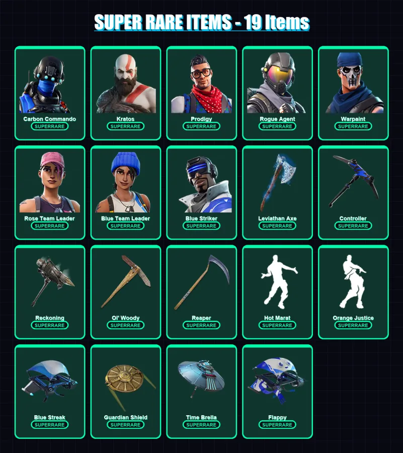 [PC/XBOX/PSN] | Carbon Commando | Kratos | Prodigy | Rogue Agent | Warpaint | 143 skin | 153 pickaxe | 111 emote | 128 glider | Lv1976