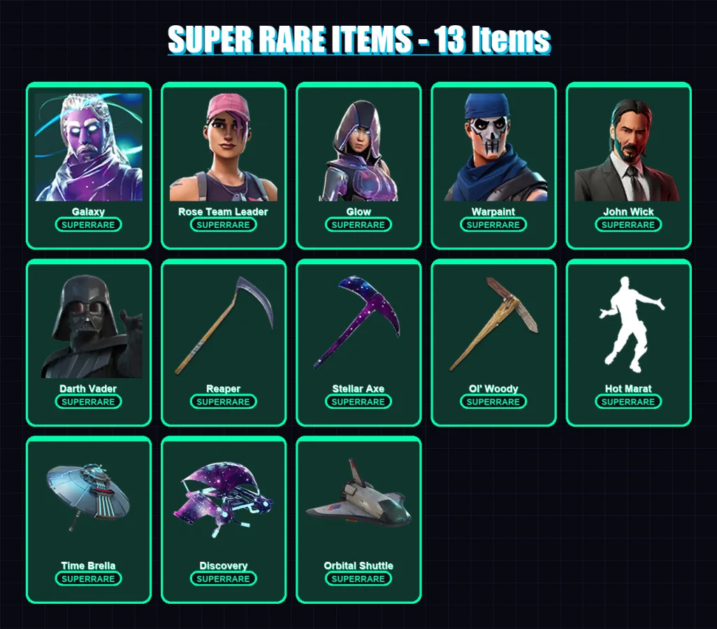 [PC/PSN] | Galaxy | Rose Team Leader | Glow | Warpaint | John Wick | 126 skin | 117 pickaxe | 137 emote | 91 glider | Lv1098