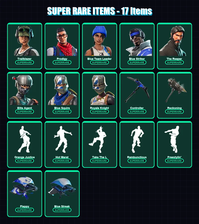 [PS4/PS5/XBOX/PC] | Trailblazer | Prodigy | Blue Team Leader | Blue Striker | The Reaper | 50 skin | 34 pickaxe | 51 emote | 41 glider | Lv665