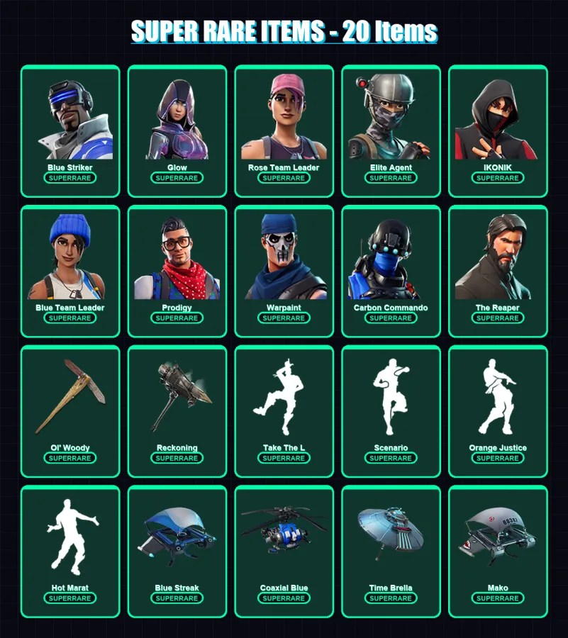 [PS4/PS5/XBOX/PC] | Blue Striker | Glow | Rose Team Leader | Elite Agent | IKONIK | 66 skin | 58 pickaxe | 75 emote | 73 glider | Lv937
