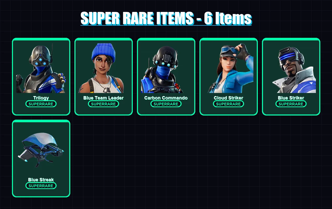 [PC/XBOX] | Trilogy | Blue Team Leader | Carbon Commando | Cloud Striker | Blue Striker | 48 skin | 106 pickaxe | 56 emote | 85 glider | Lv1506 — Fortnite account
