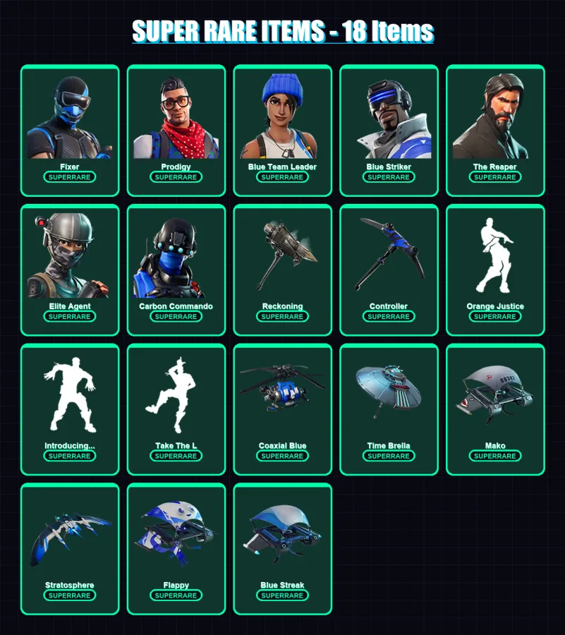 [PS4/PS5/XBOX/PC] | Fixer | Prodigy | Blue Team Leader | Blue Striker | The Reaper | 109 skin | 139 pickaxe | 96 emote | 127 glider | Lv1562
