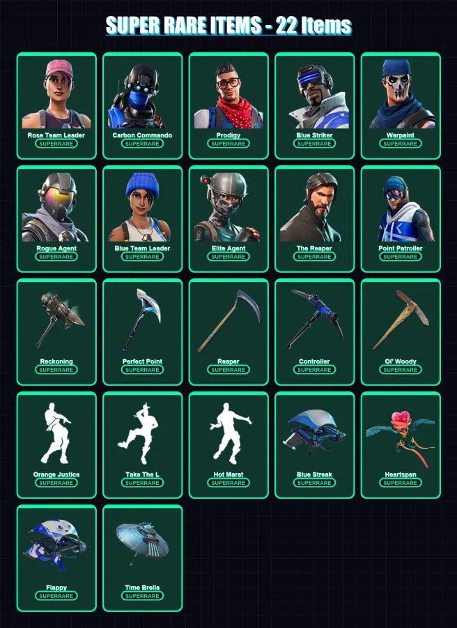 [PS4/PS5/XBOX/PC] | Rose Team Leader | Carbon Commando | Prodigy | Blue Striker | Warpaint | 120 skin | 114 pickaxe | 103 emote | 123 glider | Lv151