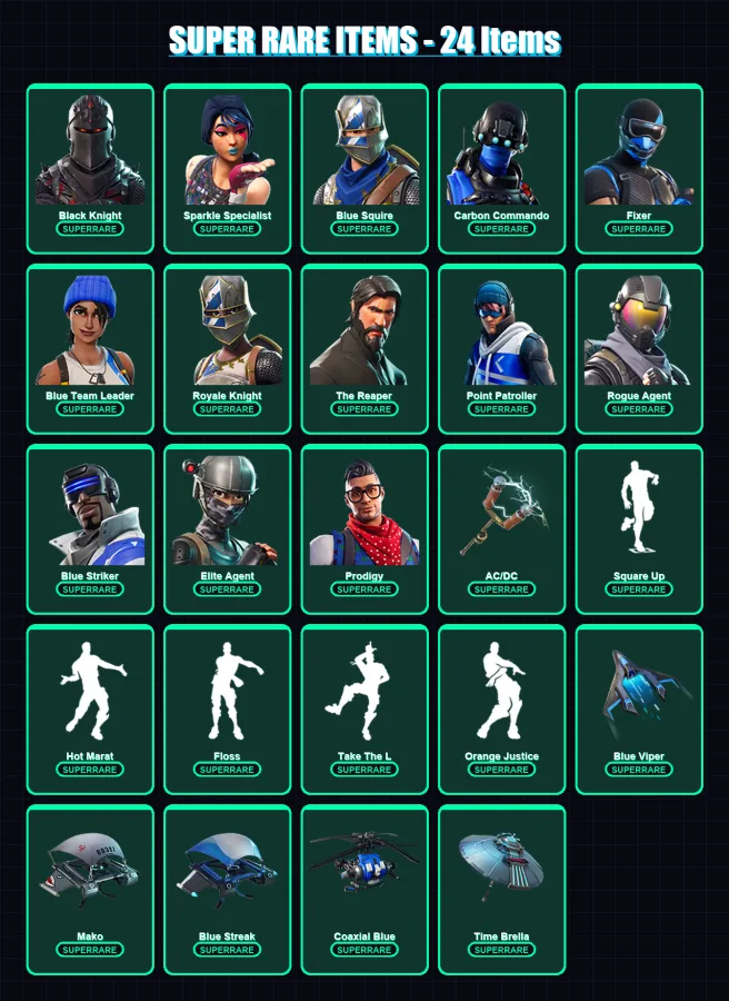 [PS4/PS5/XBOX/PC] | Black Knight | Sparkle Specialist | Blue Squire | Carbon Commando | Fixer | 46 skin | 58 pickaxe | 60 emote | 67 glider | Lv1183
