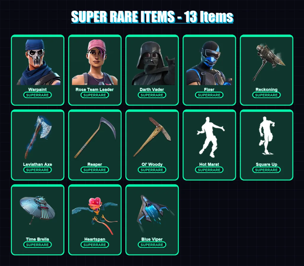 [PC/XBOX] | Warpaint | Rose Team Leader | Darth Vader | Fixer | Fade | 327 skin | 342 pickaxe | 259 emote | 254 glider | Lv4200