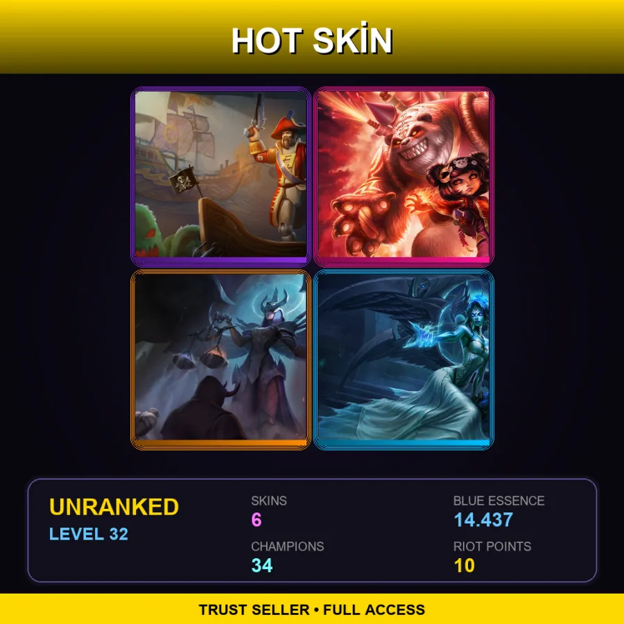 LAS | Toy Soldier Gangplank | Panda Annie | Judgment Kayle | Ghost Bride Morgana | 6 Skin | 34 Champ | Lv32