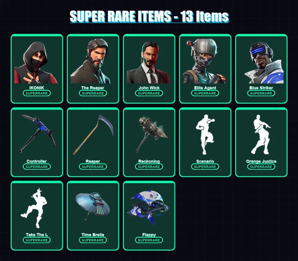 [PS4/PS5/XBOX/PC] | IKONIK | The Reaper | John Wick | Elite Agent | Blue Striker | 76 skin | 53 pickaxe | 100 emote | 54 glider | Lv790