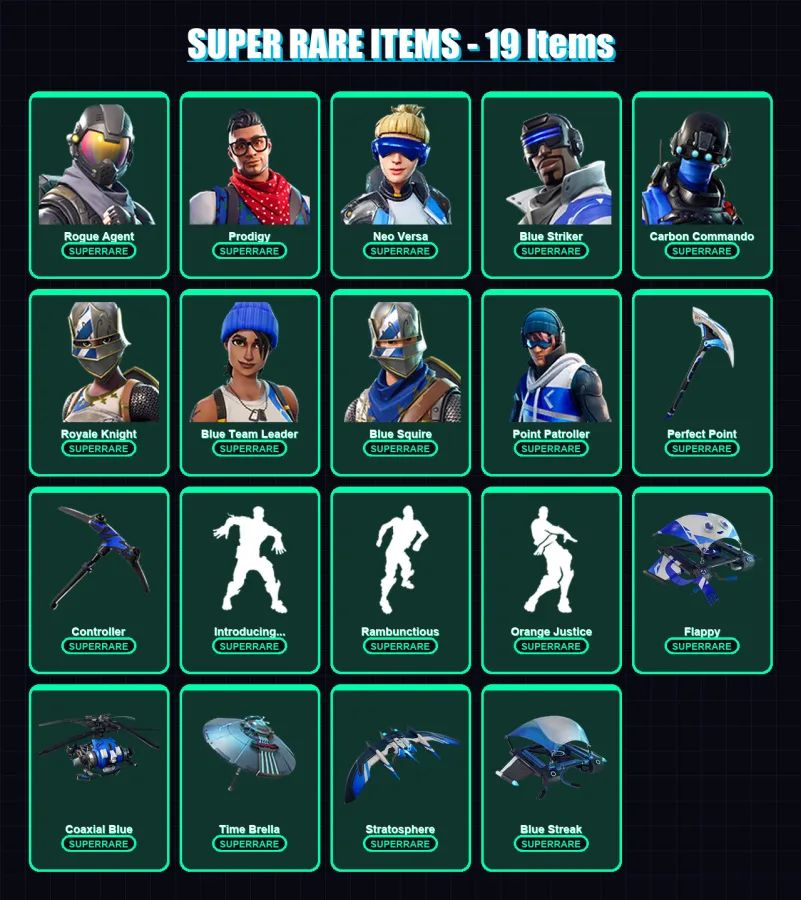 [PS4/PS5/XBOX/PC] | Rogue Agent | Prodigy | Neo Versa | Blue Striker | Carbon Commando | 45 skin | 43 pickaxe | 61 emote | 52 glider | Lv747