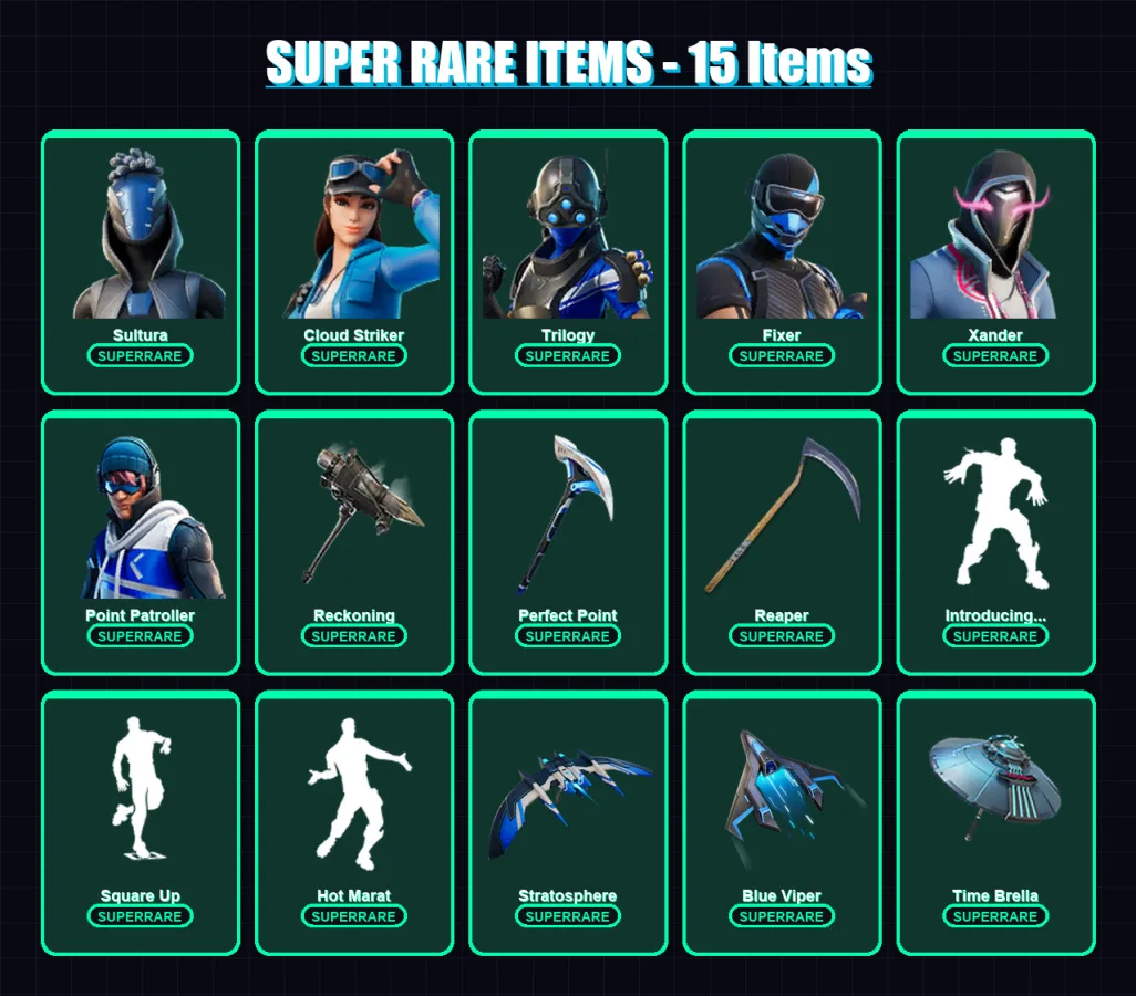 [PS4/PS5/XBOX/PC] | Sultura | Cloud Striker | Trilogy | Fixer | Xander | 155 skin | 179 pickaxe | 133 emote | 150 glider | Lv2251