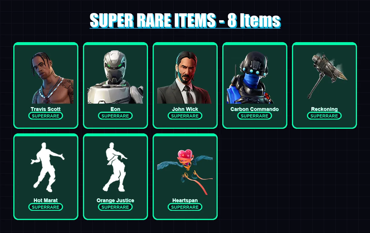 [PC] | Travis Scott | Eon | John Wick | Carbon Commando | Zenith | 79 skin | 74 pickaxe | 81 emote | 70 glider | Lv1237