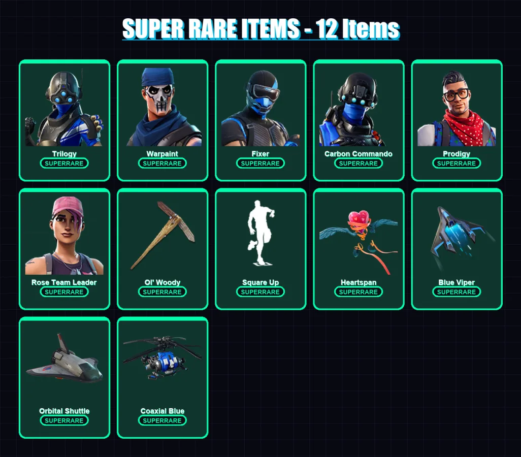 [PC/XBOX/PSN] | Trilogy | Warpaint | Fixer | Carbon Commando | Prodigy | 80 skin | 97 pickaxe | 97 emote | 92 glider | Lv1299