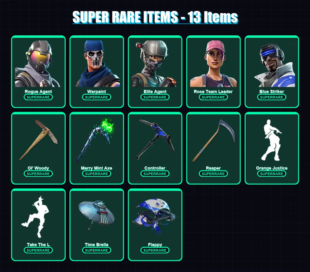 [PC/XBOX] | Rogue Agent | Warpaint | Elite Agent | Rose Team Leader | Blue Striker | 67 skin | 90 pickaxe | 93 emote | 90 glider | Lv1319