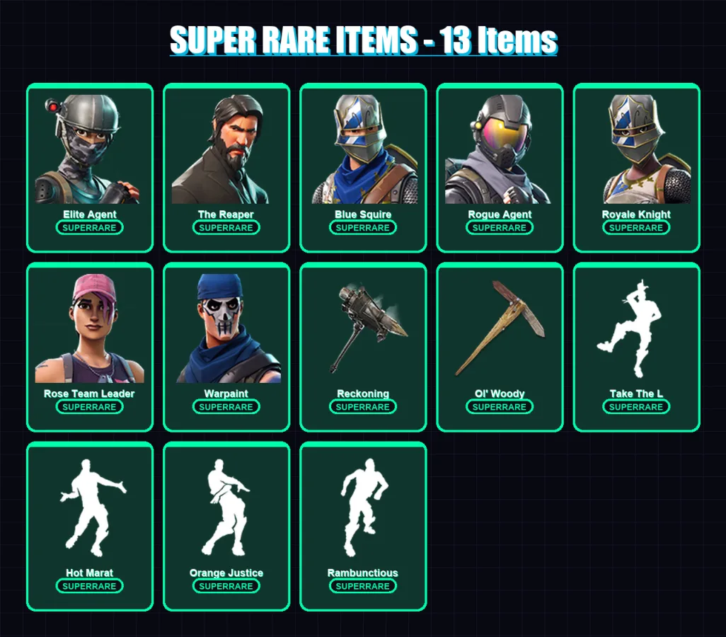 [PS4/PS5/PC] | Elite Agent | The Reaper | Blue Squire | Rogue Agent | Royale Knight | 99 skin | 87 pickaxe | 104 emote | 97 glider | Lv1053