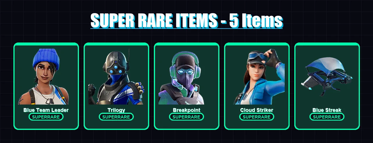 [PS4/PS5/XBOX/PC] | Blue Team Leader | Trilogy | Breakpoint | Cloud Striker | Fade | 64 skin | 41 pickaxe | 54 emote | 52 glider | Lv673