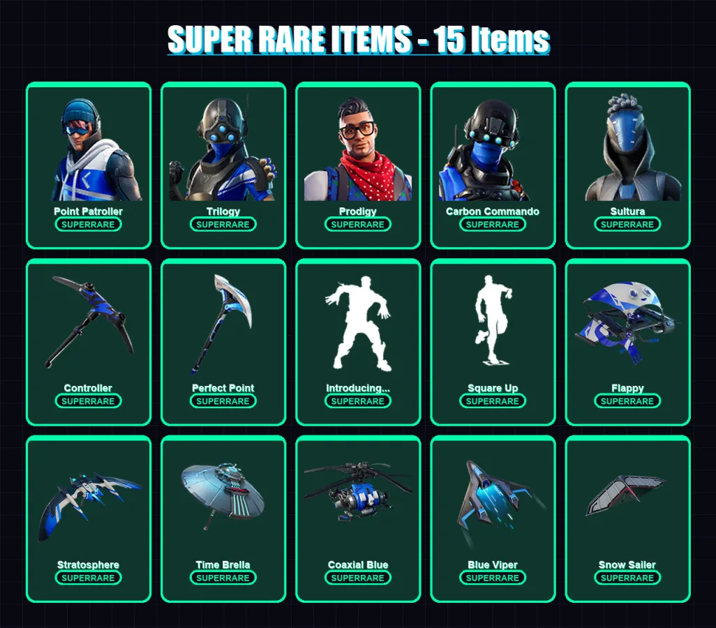 [PS4/PS5/XBOX/PC] | Point Patroller | Trilogy | Prodigy | Carbon Commando | Sultura | 80 skin | 104 pickaxe | 117 emote | 108 glider | Lv1326