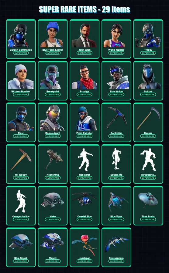 [PC/XBOX] | Carbon Commando | Blue Team Leader | John Wick | World Warrior | Trilogy | 220 skin | 149 pickaxe | 156 emote | 130 glider | Lv2012