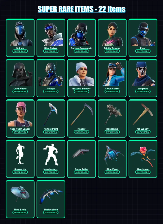[PC/XBOX] | Sultura | Blue Striker | Carbon Commando | Trinity Trooper | Fixer | 609 skin | 476 pickaxe | 543 emote | 301 glider | Lv6502