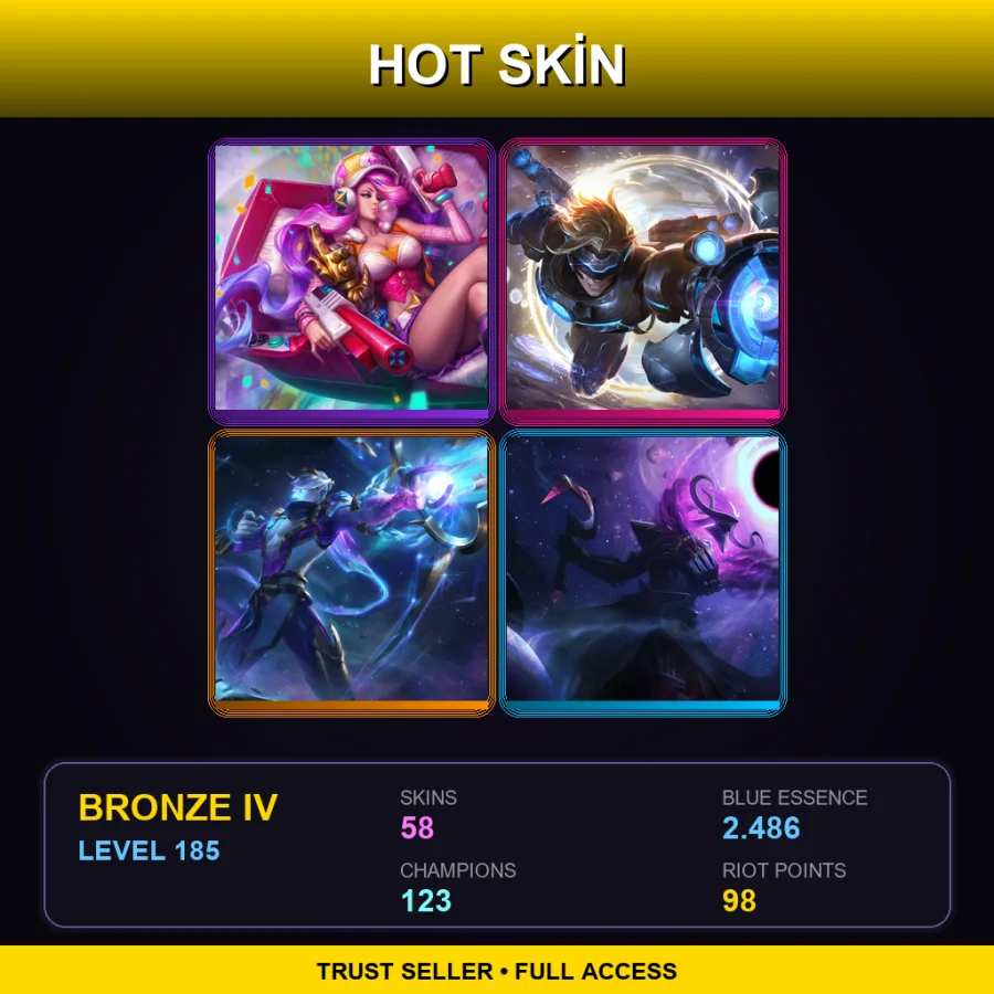 LAN | Arcade Miss Fortune | Pulsefire Ezreal | Cosmic Hunter Varus | Dark Star Thresh | 58 Skin | 123 Champ | Bronze IV | Lv185