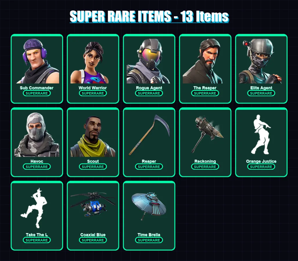 [PC/XBOX] | Sub Commander | World Warrior | Rogue Agent | The Reaper | Elite Agent | 122 skin | 98 pickaxe | 103 emote | 79 glider | Lv1414