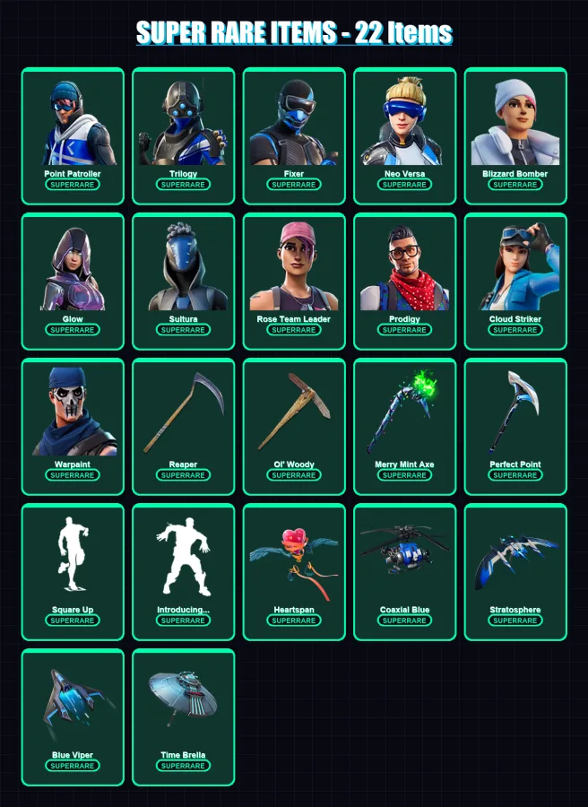 [PC/XBOX/PSN] | Point Patroller | Trilogy | Fixer | Neo Versa | Blizzard Bomber | 113 skin | 110 pickaxe | 81 emote | 91 glider | Lv1116