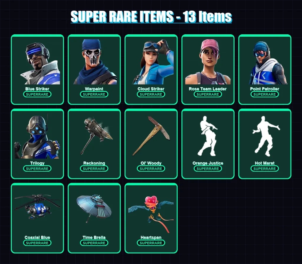 [PS4/PS5/XBOX/PC] | Blue Striker | Warpaint | Cloud Striker | Rose Team Leader | Point Patroller | 43 skin | 47 pickaxe | 68 emote | 55 glider | Lv7 — Fortnite account
