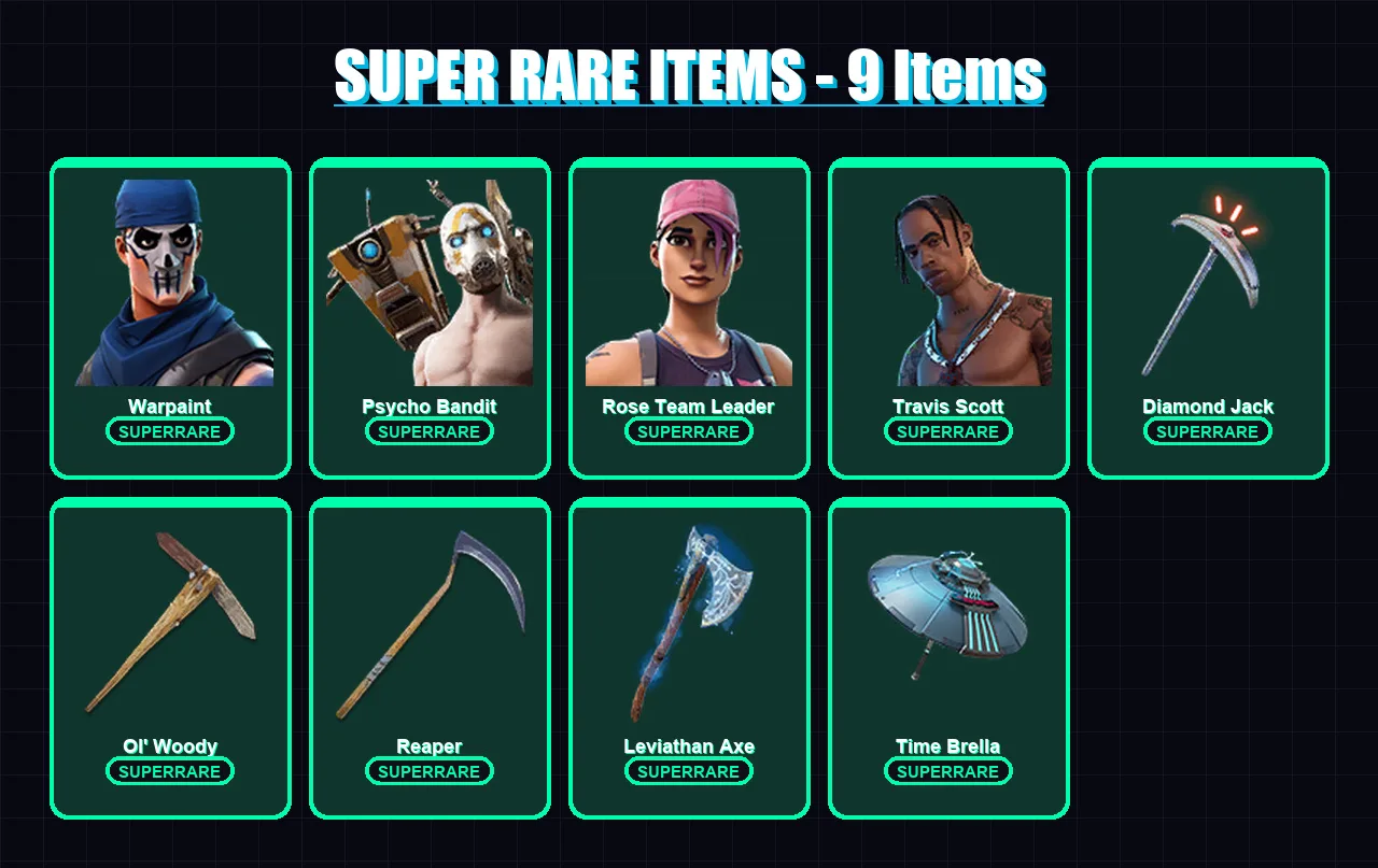 [PS4/PS5/XBOX/PC] | Warpaint | Psycho Bandit | Rose Team Leader | Travis Scott | Fade | 115 skin | 129 pickaxe | 104 emote | 99 glider | Lv1638