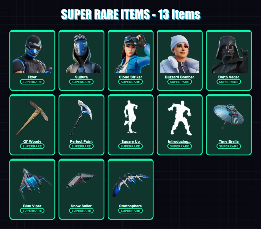 [PS4/PS5/XBOX/PC] | Fixer | Sultura | Cloud Striker | Blizzard Bomber | Darth Vader | 168 skin | 162 pickaxe | 91 emote | 112 glider | Lv1395