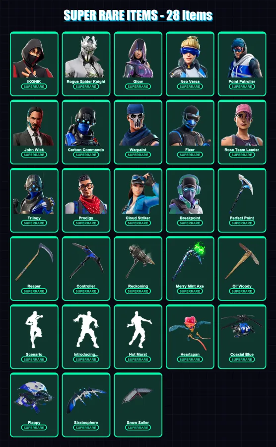 [PS4/PS5/XBOX/PC] | Sofia | IKONIK | Rogue Spider Knight | Glow | Neo Versa | 103 skin | 86 pickaxe | 99 emote | 78 glider | Lv1096