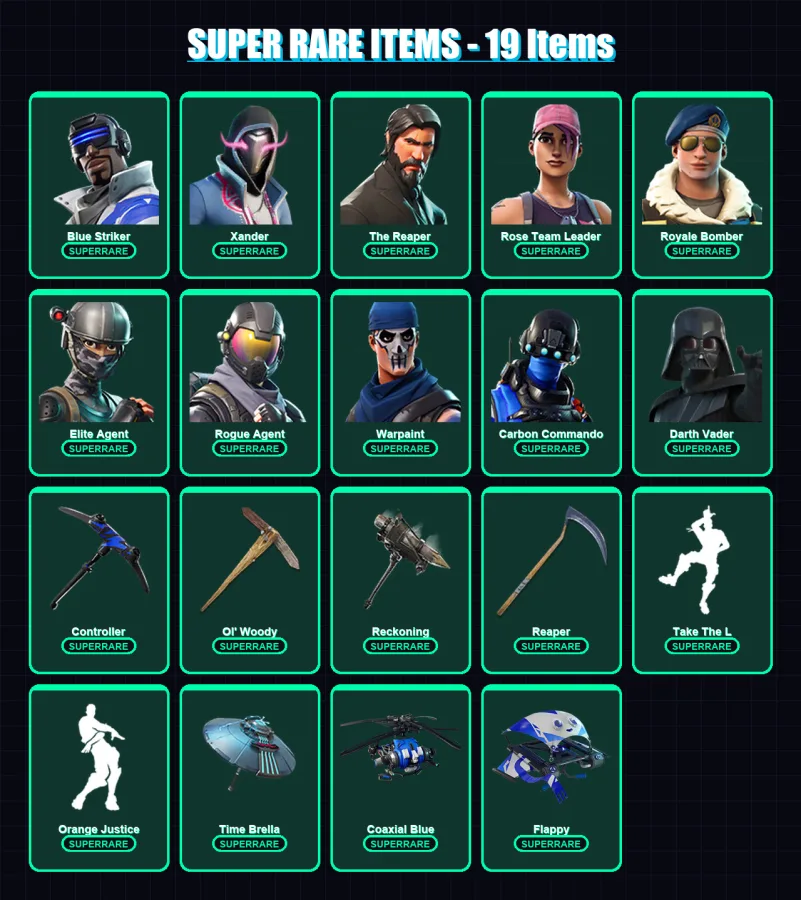 [PS4/PS5/XBOX/PC] | Blue Striker | Xander | The Reaper | Rose Team Leader | Royale Bomber | 138 skin | 166 pickaxe | 119 emote | 139 glider | Lv2314