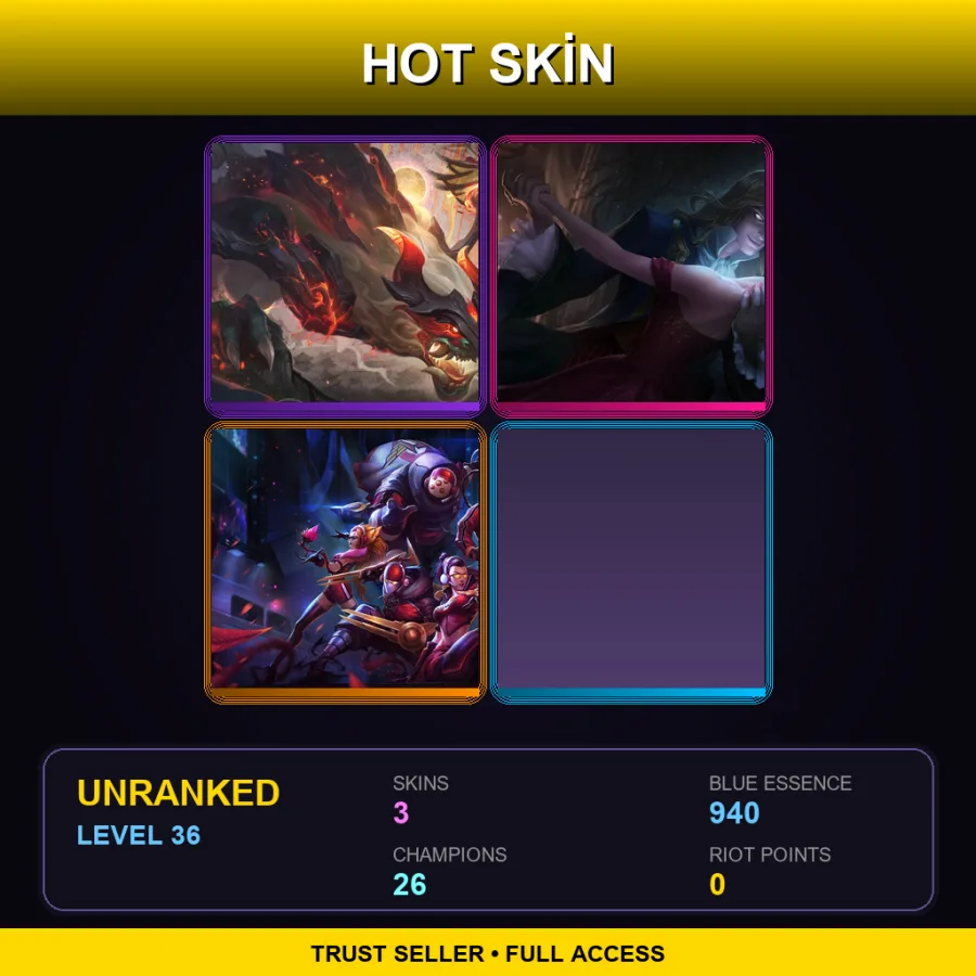 EUW | Lv36 | Unranked | 3 Skin | 26 Champ — LoL account