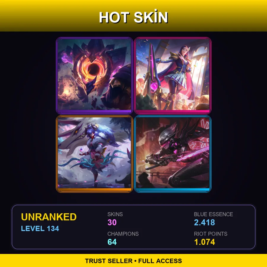 EUW | Lv134 | Unranked | 30 Skin | 64 Champ — LoL account