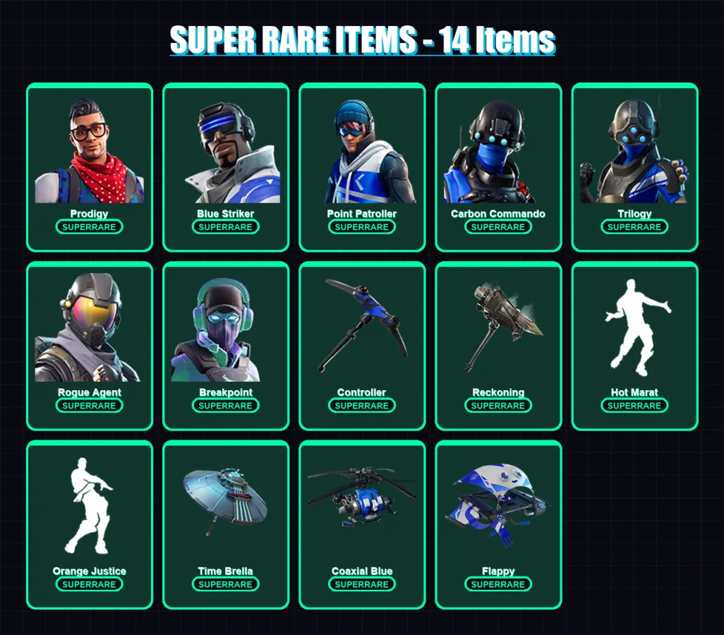 [PS4/PS5/PC] | Prodigy | Blue Striker | Point Patroller | Carbon Commando | Trilogy | 168 skin | 214 pickaxe | 193 emote | 192 glider | Lv3530