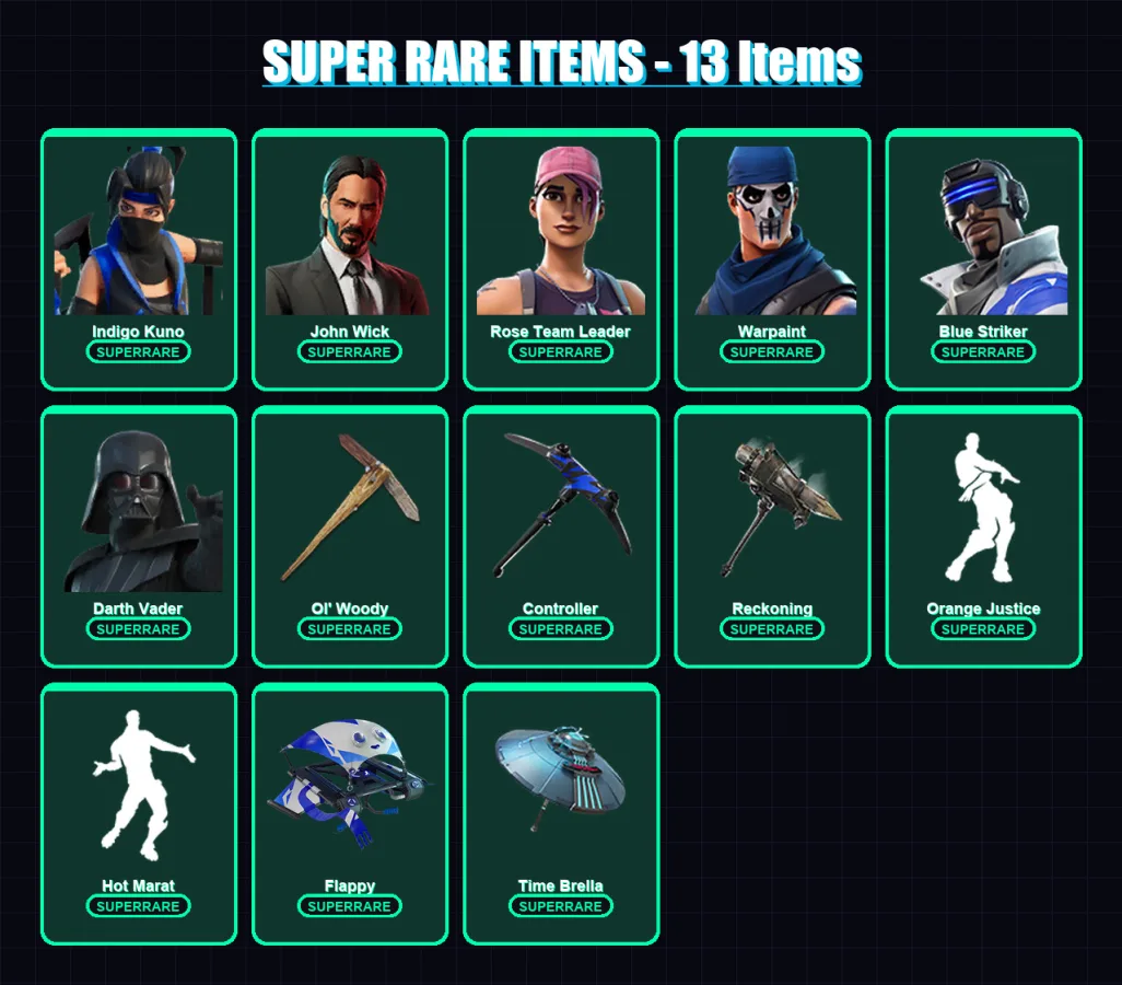 [PC/XBOX/PSN] | Indigo Kuno | Omega | John Wick | Rose Team Leader | Warpaint | 140 skin | 188 pickaxe | 145 emote | 172 glider | Lv2759