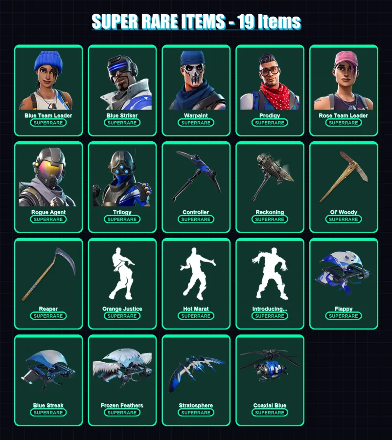 [PS4/PS5/XBOX/PC] | Blue Team Leader | Blue Striker | Warpaint | Prodigy | Rose Team Leader | 67 skin | 65 pickaxe | 64 emote | 62 glider | Lv823