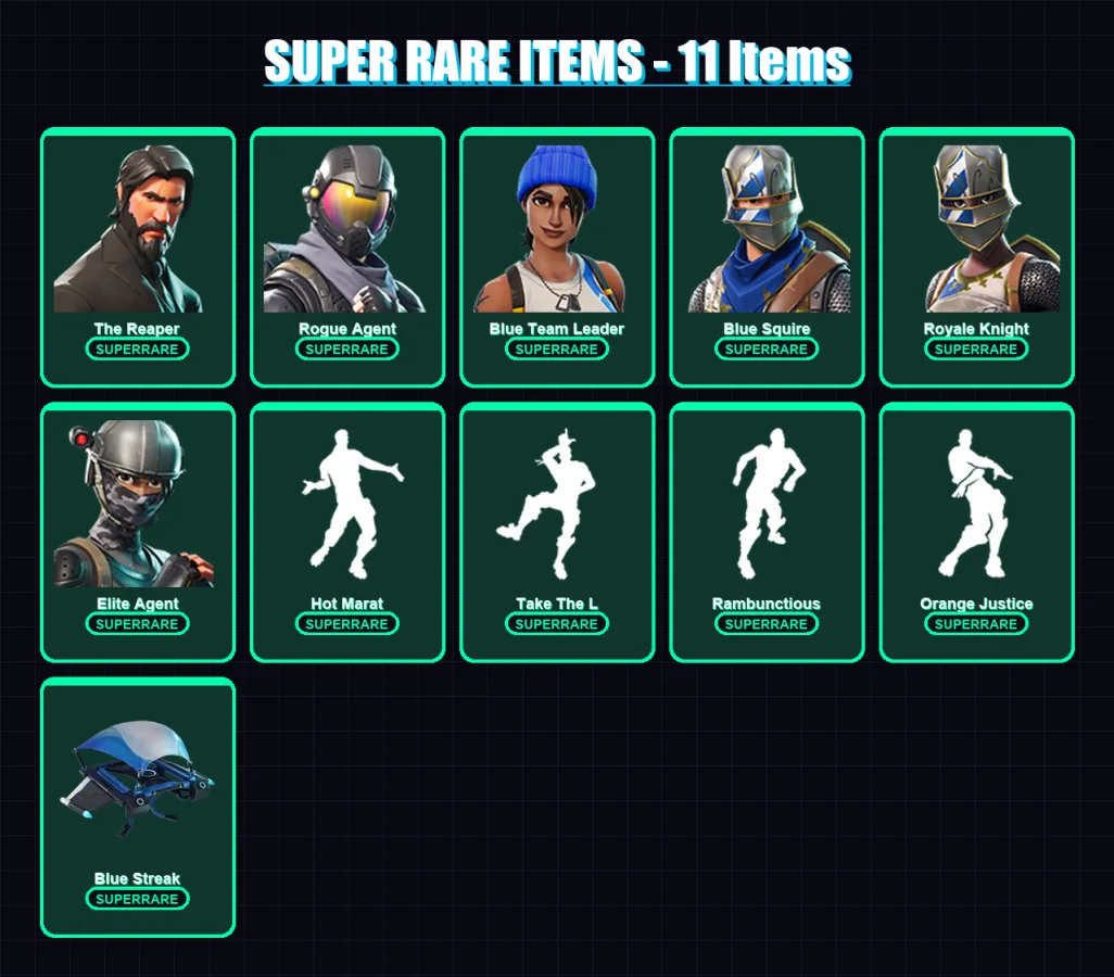[PS4/PS5/XBOX/PC] | The Reaper | Rogue Agent | Blue Team Leader | Blue Squire | Royale Knight | 96 skin | 130 pickaxe | 98 emote | 107 glider | Lv14