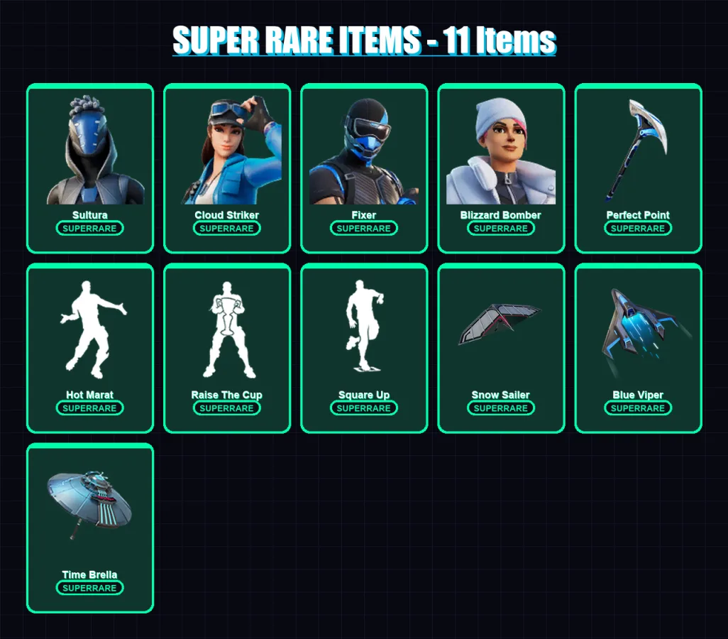 [PS4/PS5/XBOX/PC] | Sultura | Cloud Striker | Fixer | Blizzard Bomber | Eternal Knight | 61 skin | 95 pickaxe | 72 emote | 89 glider | Lv1209